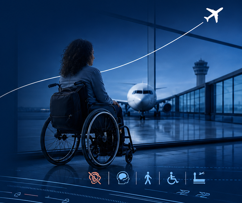A passenger who uses a wheelchair looking towards an aircraft from inside an airport terminal